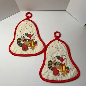 Vintage Christmas Raccoon Bell Oven Mitts Potholders Hot Pads‎ Quilted Red